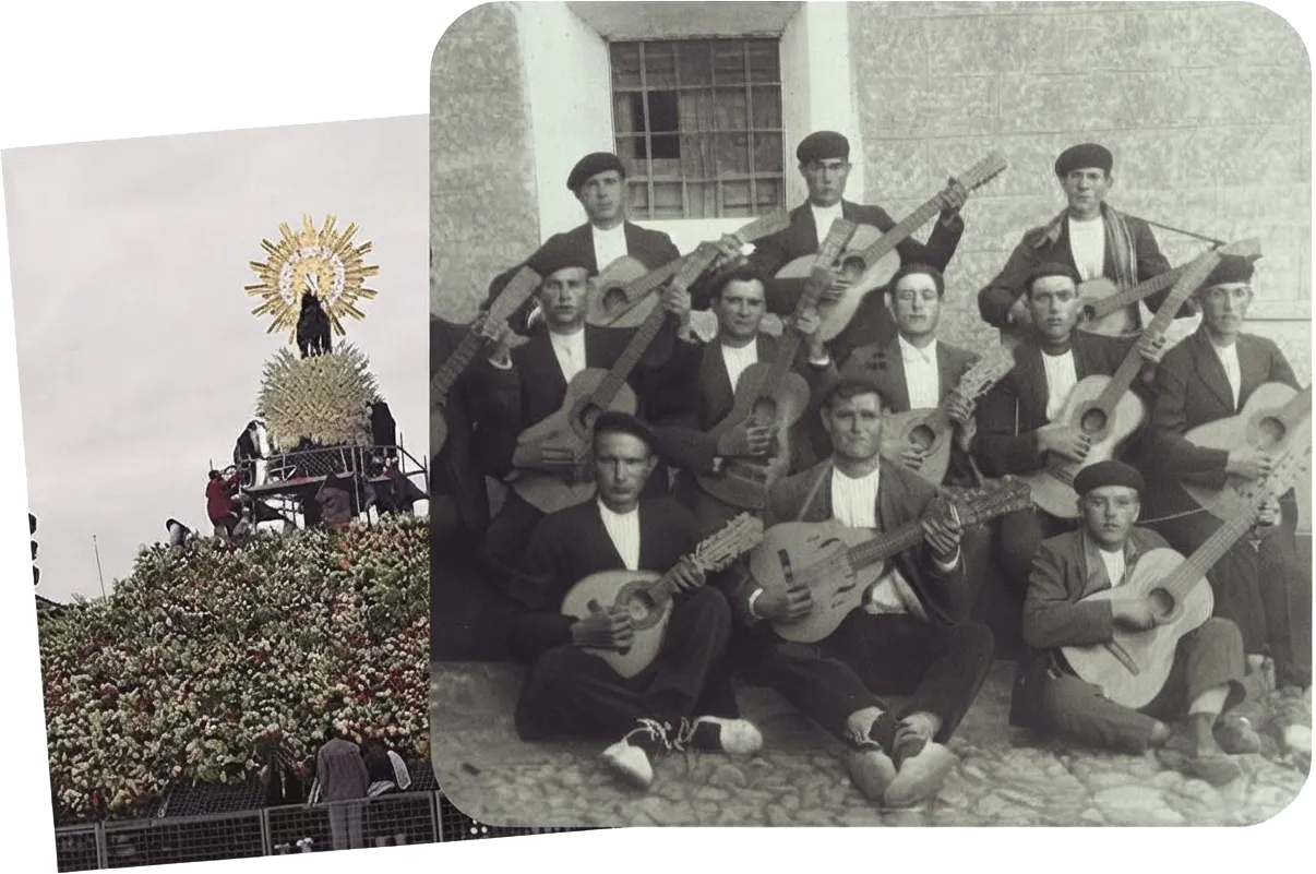 Fotografías antiguas de una procesión y un grupo de guitarristas